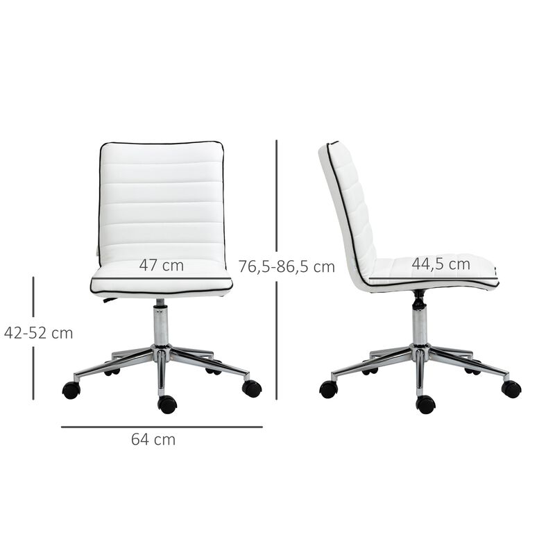 White Office Swivel: Designer Armless Task Chair with Ribbed Leather