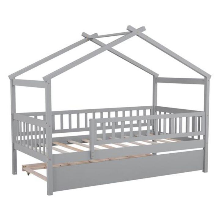 Wooden House Bed with Trundle for a Cozy and Fun Kids' Bedroom