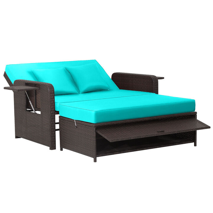 Patio Rattan Daybed with 4-Level Adjustable Backrest and Retractable Side Tray