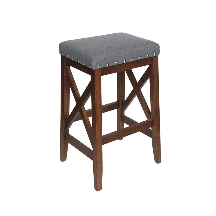 Arica Barstool Set of 2, Saddle Seat X-Cross Rubberwood, Charcoal Gray - Benzara