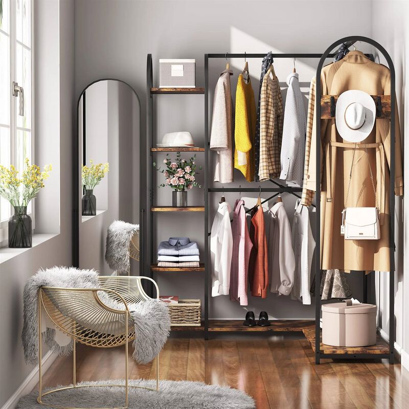 Hivvago Corner L Shaped Garment Rack with Clothing Hanging Rods and Storage Shelves