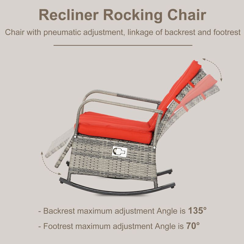 Red Outdoor Comfort: Wicker Rocking Chair with Adjustable Footrest