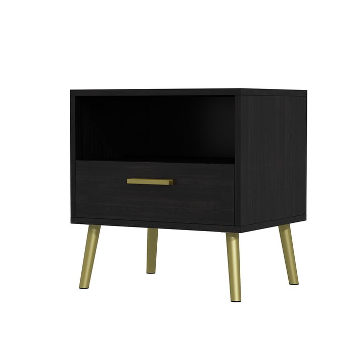 Nightstands Bedside Tables End Tables with Drawer & Open Shelf, Gold Metal Legs,for Bedroom Living Room(19.5”W x 15.6”D x 20”H)