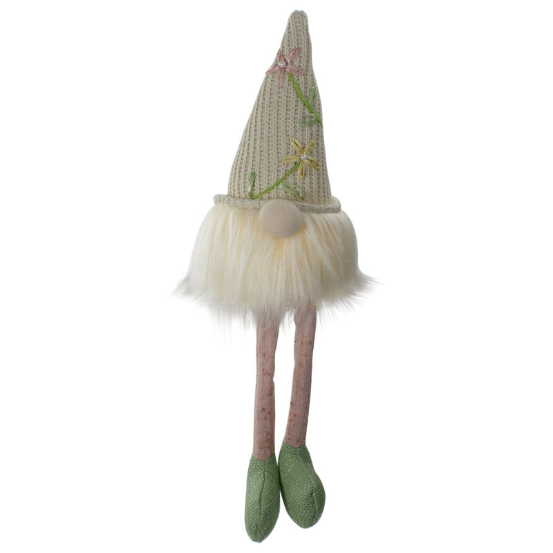 17" Lighted Cream and Pink Sitting Gnome Figure with Knitted Hat