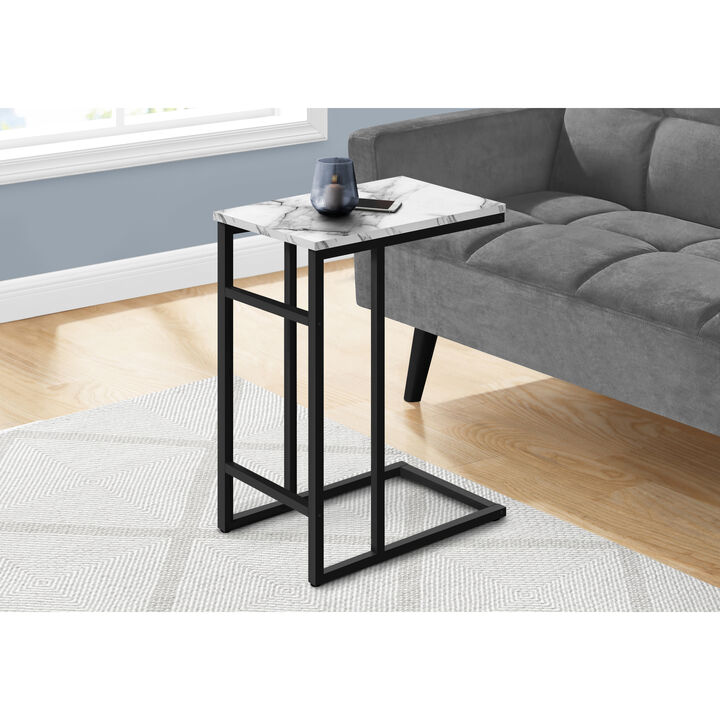 Monarch Specialties I 2173 Accent Table, C-shaped, End, Side, Snack, Living Room, Bedroom, Metal, Laminate, White Marble Look, Black, Contemporary, Modern