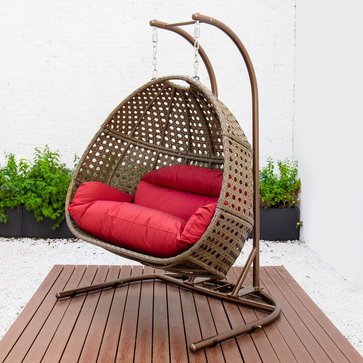 LeisureMod Wicker Hanging Double Egg Swing Chair Removable Cushions With Iron Base