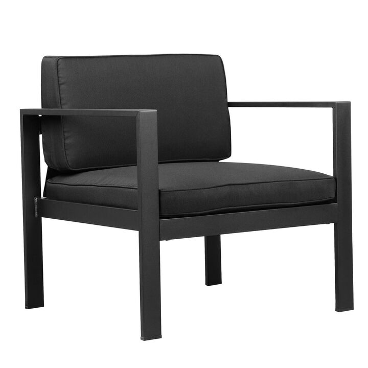 Kili 29 Inch Armchair, Jet Black Aluminum Frame, Water Resistant Fabric-Benzara