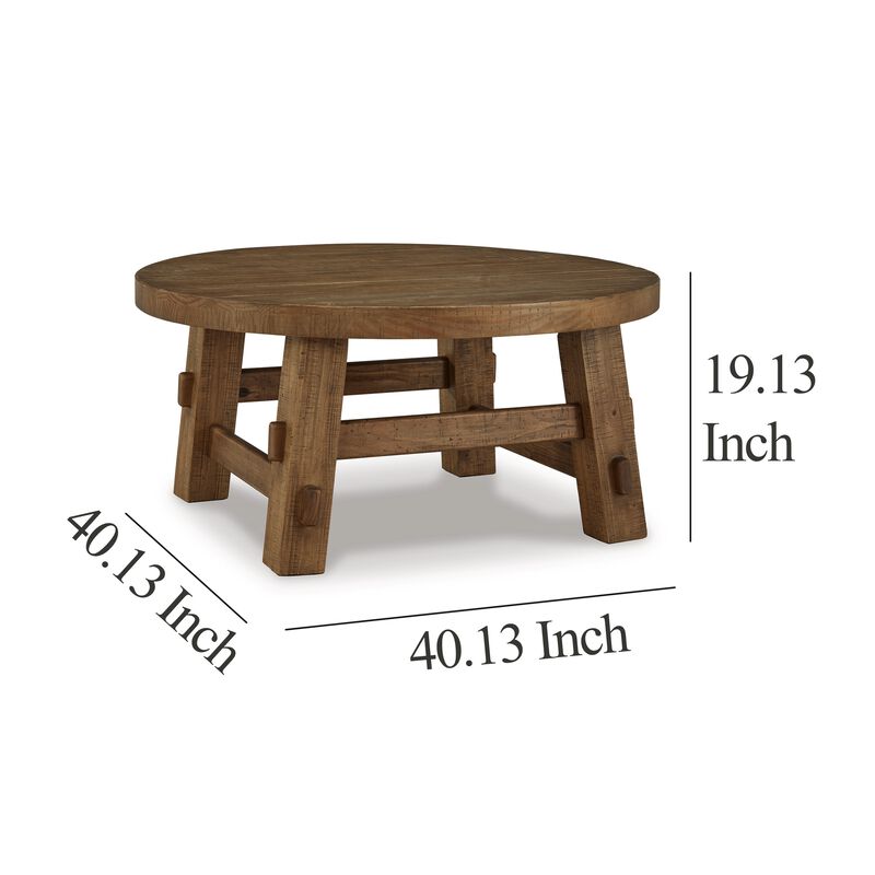 Ack Round Cocktail Coffee Table, Block Legs, 40 Inch Brown Pine Wood - Benzara
