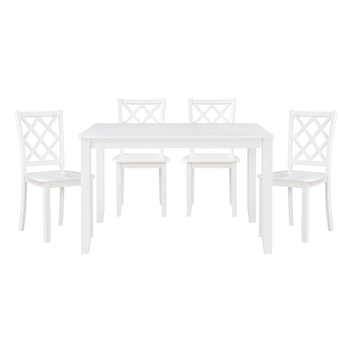 Oria 5 Piece Dining Set with Table, 4 Lattice Back Chairs, White Solid Wood - Benzara