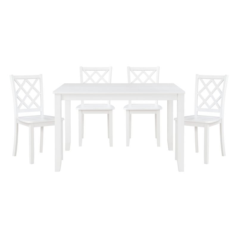 Oria 5 Piece Dining Set with Table, 4 Lattice Back Chairs, White Solid Wood - Benzara
