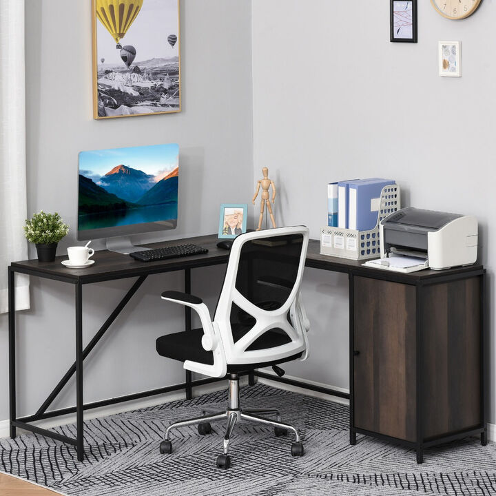 Brown Corner Workstation: L-Shaped Desk with Storage Cabinet