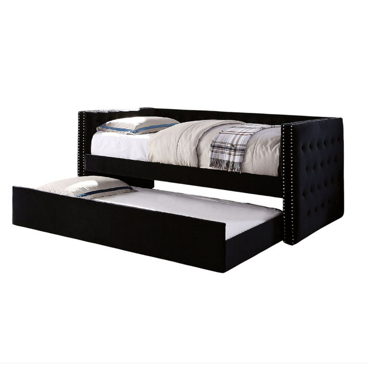 Suzo Daybed with Trundle, Black Flannelette Upholstery, Nailhead Trim - Benzara
