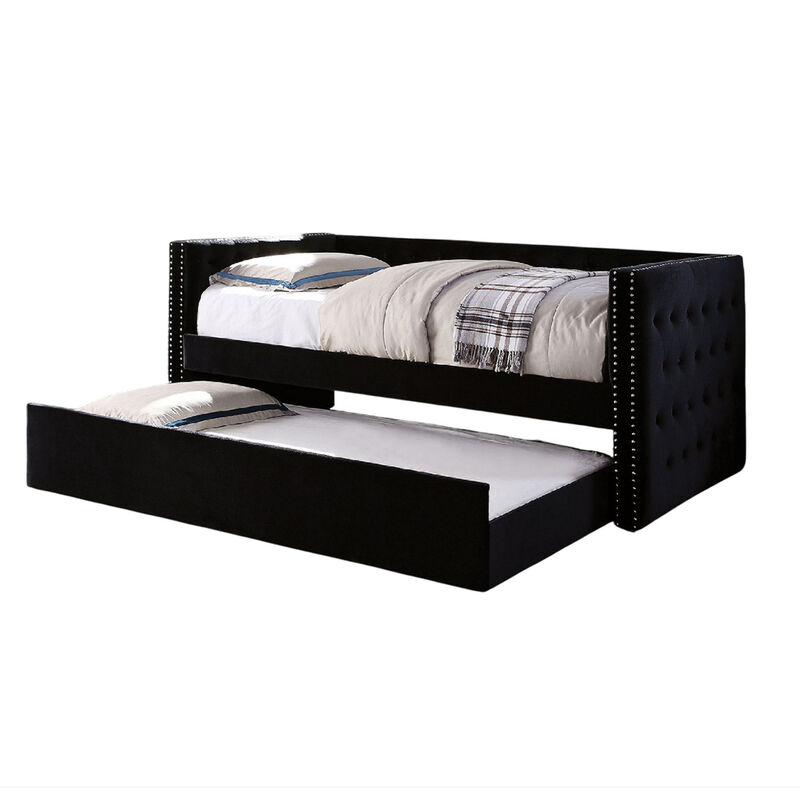 Suzo Daybed with Trundle, Black Flannelette Upholstery, Nailhead Trim - Benzara