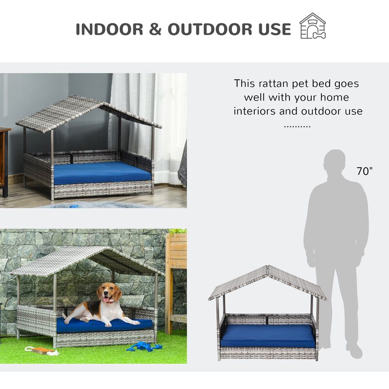 Dark Blue Pet Bed: Wicker Rattan House for Indoor/Outdoor Use