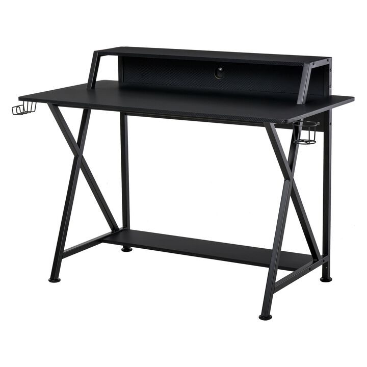 Black Gamer Station: Racing Style Desk with Monitor Shelf