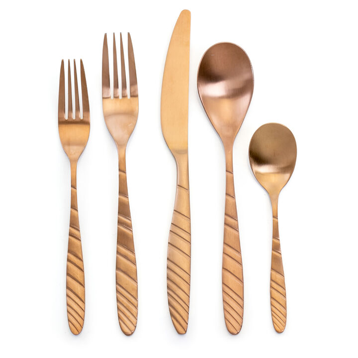 MegaChef La Vague 20 Piece Flatware Utensil Set, Stainless Steel Silverware Metal Service for 4 in Matte Rose Gold