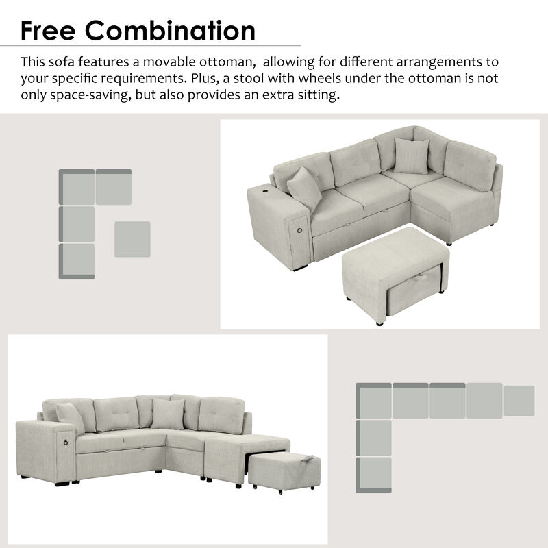 86.6" Sectional Sofa L-shaped Sofa Couch Pull-out Sofa Bed with a Movable Ottoman, Two USB Ports  and Two Cup Holders for Living Room, Beige
