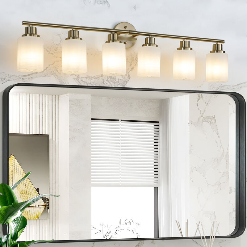 8-Light Golden Bathroom Vanity Light Fixture, Frosted Glass Shades, Modern Wall Mounted Lighting (No Bulbs)