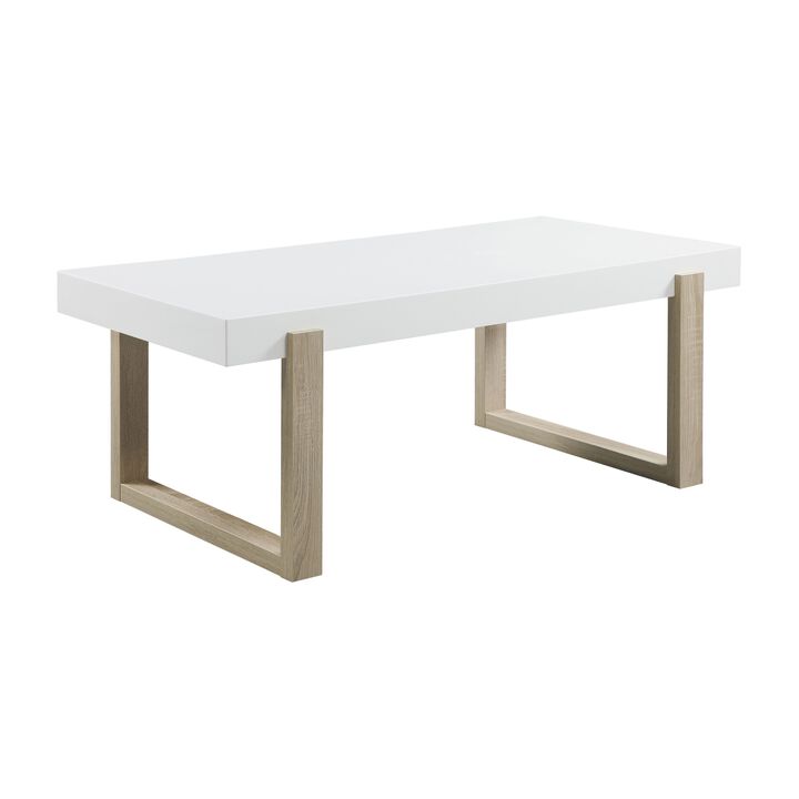 Shay 47 Inch Coffee Table, Thick Rectangular Tabletop, High Gloss White-Benzara