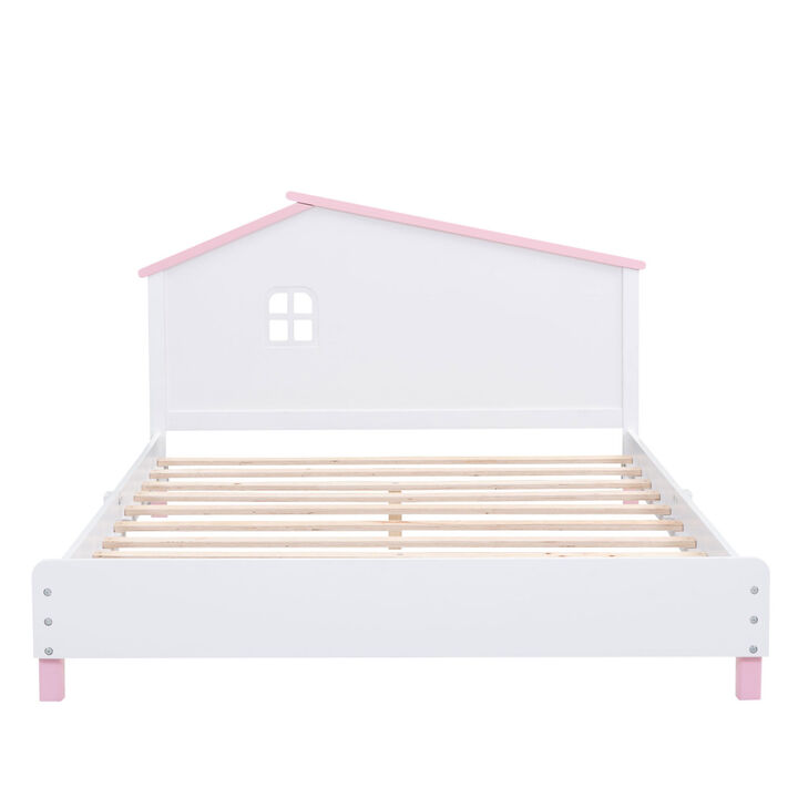 Full Size Wood Platform Bed With House-Shaped Headboard