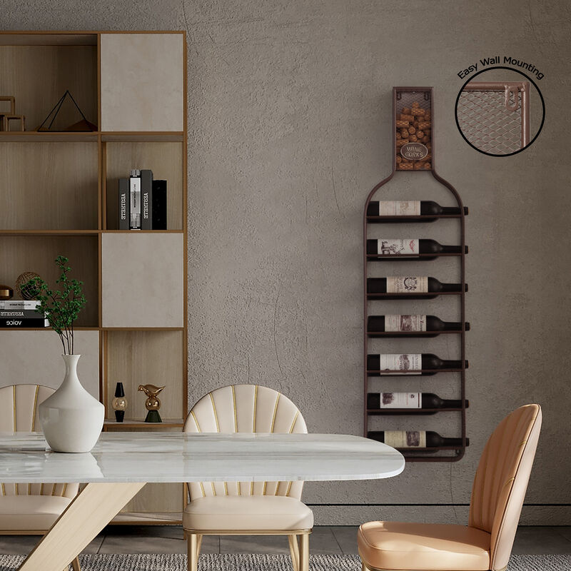 Vintiquewise Decorative Wall-Mounted 7-bottle Metal Wine Rack with Mesh Cork Catcher, Stylish Champagne, White, and Red Wine Storage for Living Room, Kitchen, Dining Room, and Bar Décor, Brown