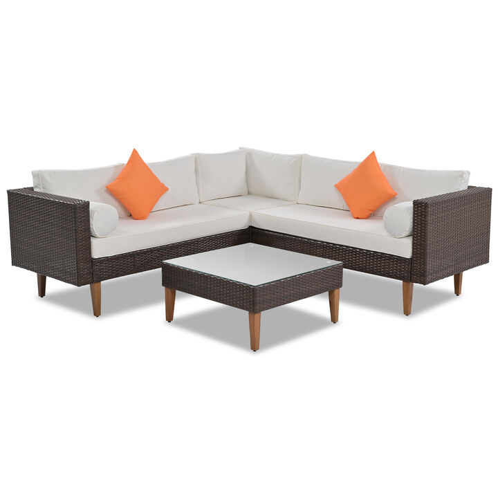 Whisen 4-Piece Outdoor Wicker Sofa Set, Patio Furniture with Colorful Pillows and Coffee Table