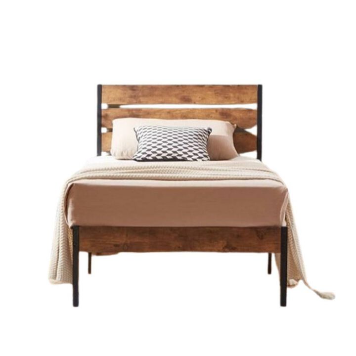 Hivvago Twin Industrial Platform Bed Frame with Brown Wood Slatted Headboard Footboard