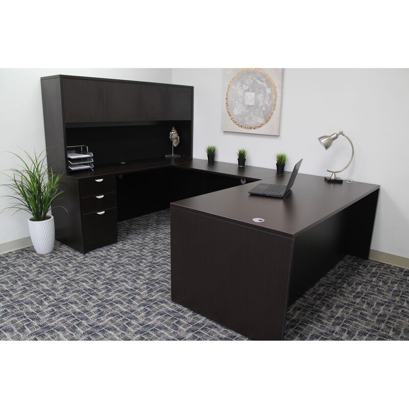 Boss Office Products 66 Inch Executive U-Shape Desk with Box/Box/File Storage Pedestal and 4 door Hutch, Mocha