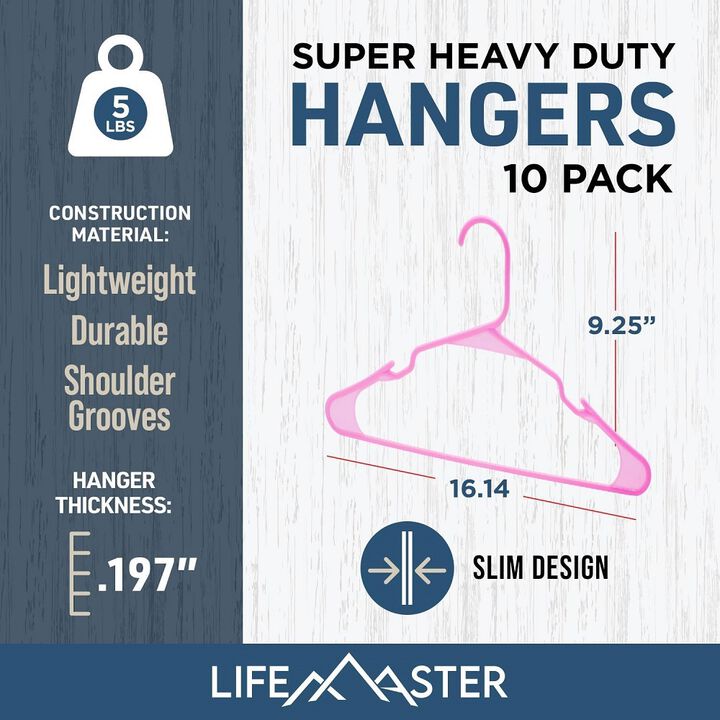 Plastic Clothes Hangers – Heavy Duty Hanger Set, for Organizing Clothes, Dresses, and Coat, Holds Up to 5 lbs, Space-Saving Hangers with Non-Slip Shoulder Grooves, Pack of 10, Pink