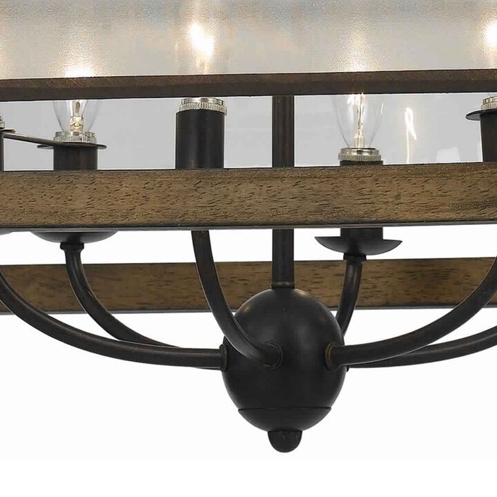 6 Bulb Square Chandelier with Wooden Frame and Organza Striped Shade, Brown-Benzara