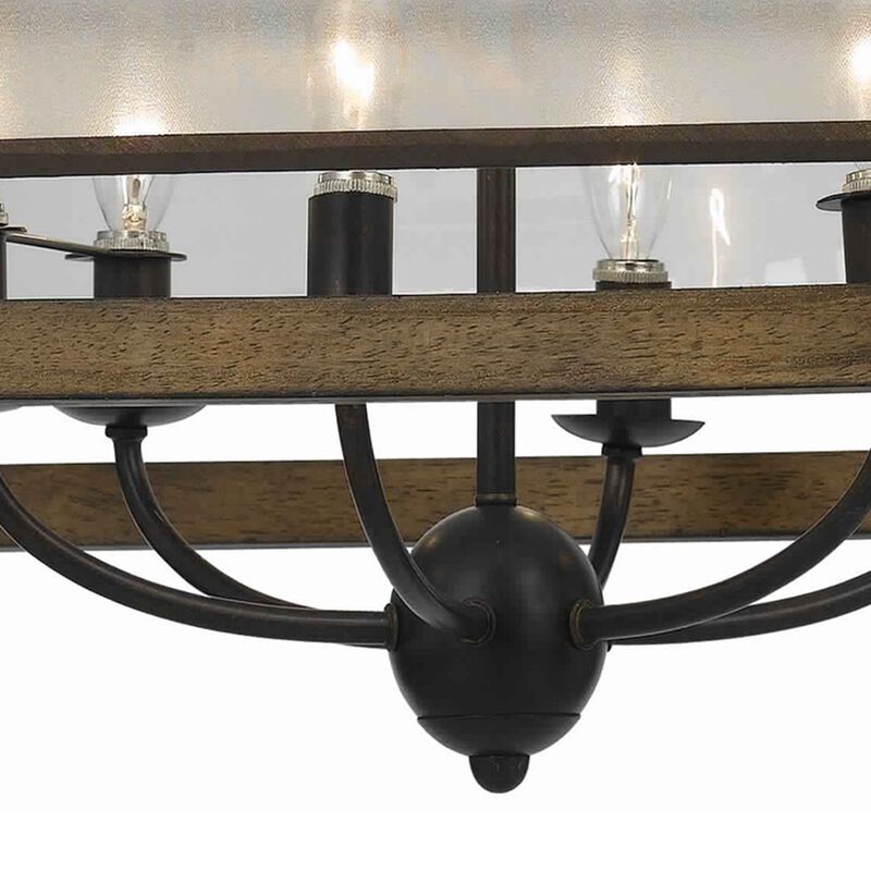 6 Bulb Square Chandelier with Wooden Frame and Organza Striped Shade, Brown-Benzara