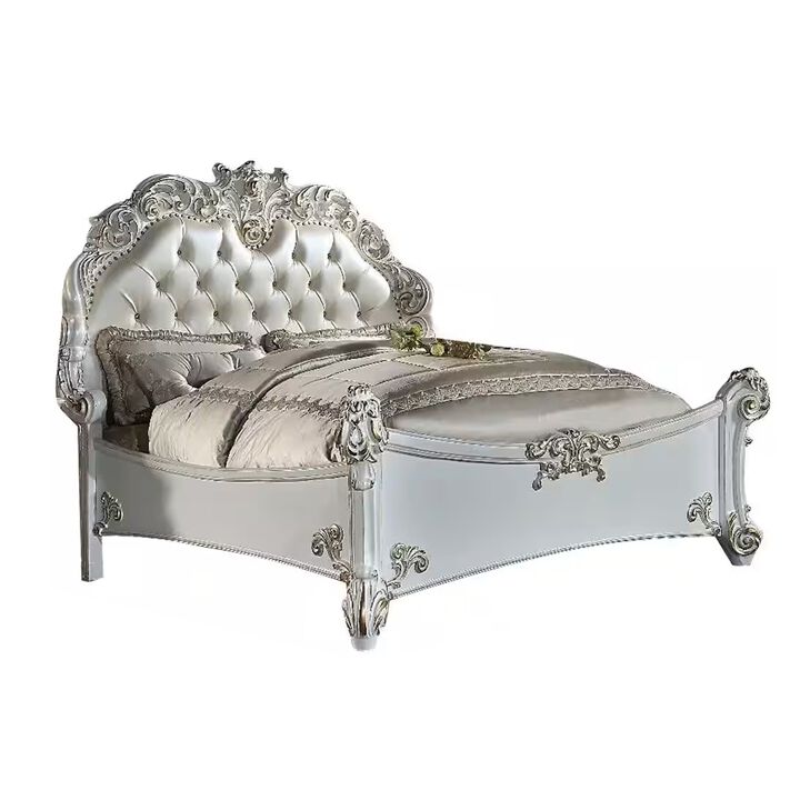 Antoine King Bed, Classical Style, White Faux Leather Victorian Carved - Benzara