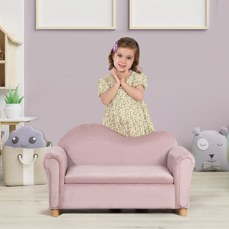 Ergonomic Foam Kids Sofa with Inner Toy Storage Chest, Velvet Kids Couch with Soft Arms, Children's Lounge Furniture