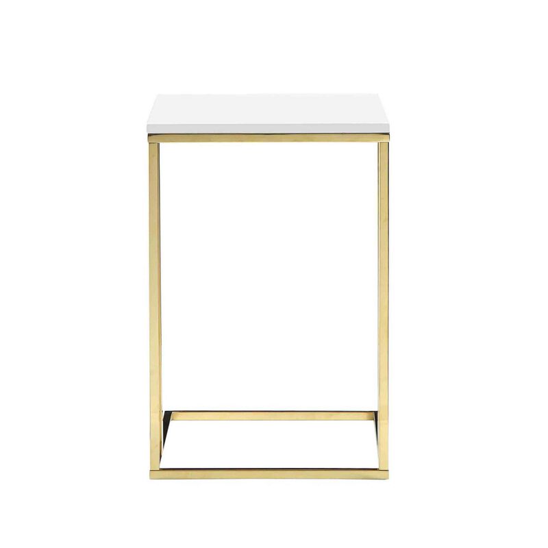 Zen 23 Inch Side End Tray Table, White Tray Top, Steel Base in Gold Finish - Benzara