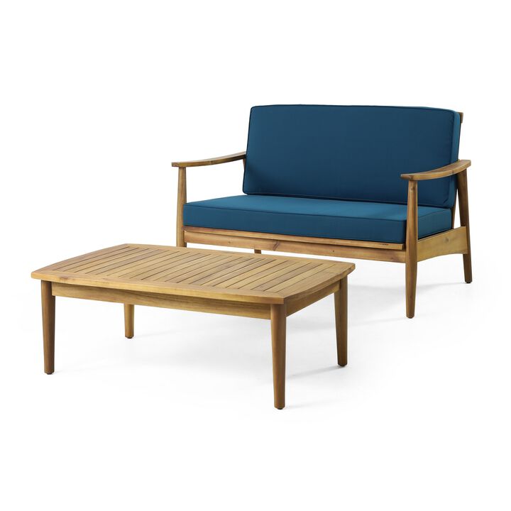 2pc Outdoor Loveseat and Table Set, Teal Cushions, Brown Wood Frame - Benzara