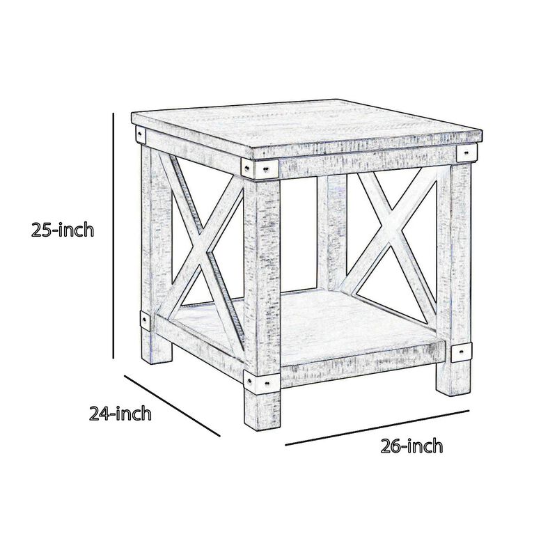 Farmhouse Style End Table with X Shaped Sides and Open Bottom Shelf, Gray-Benzara