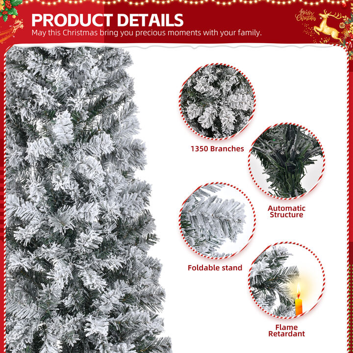 Snowy Flocked Pencil Christmas Tree with 320 Branch Tips and Metal Stand