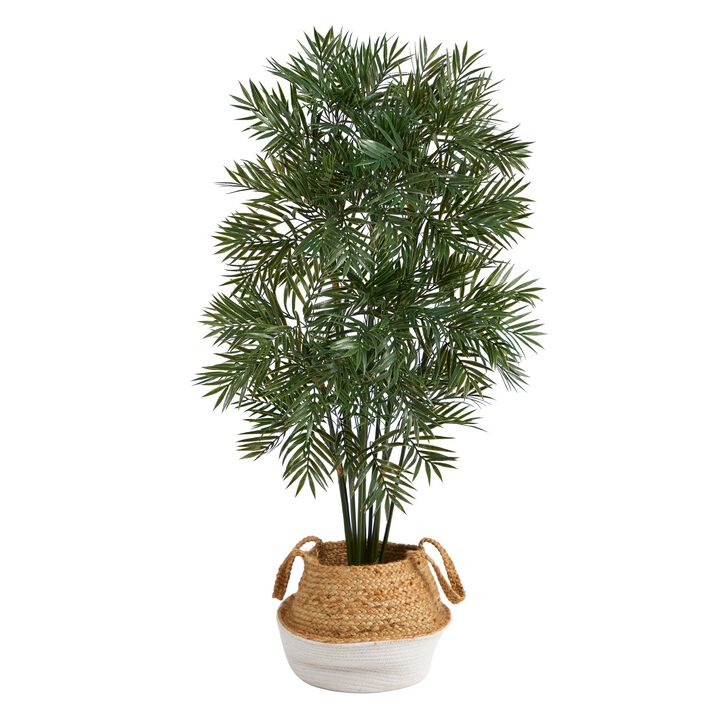 Hivvago 4 Feet Parlor Palm Artificial Tree in Boho Chic Handmade Cotton & Jute White Woven Planter