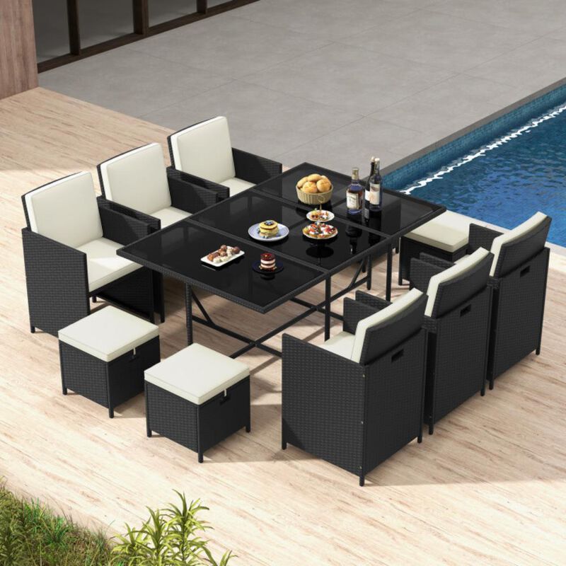 Hivvago 11 Piece Patio Dining Set Wicker Chairs and Tempered Glass Table with Waterproof Cushions