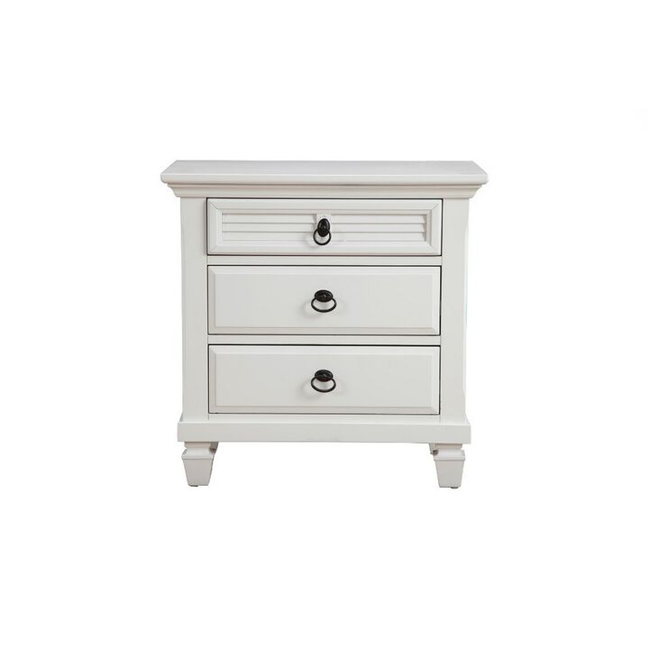 Pine Wood 3 Drawer Nightstand in White-Benzara