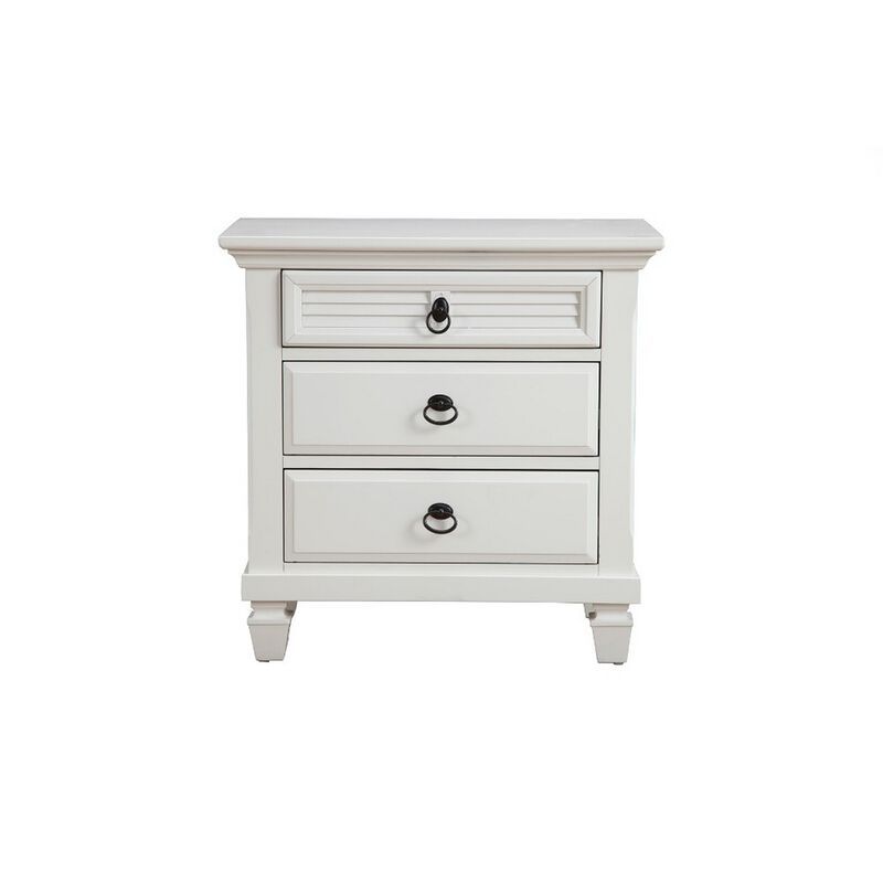 Pine Wood 3 Drawer Nightstand in White-Benzara