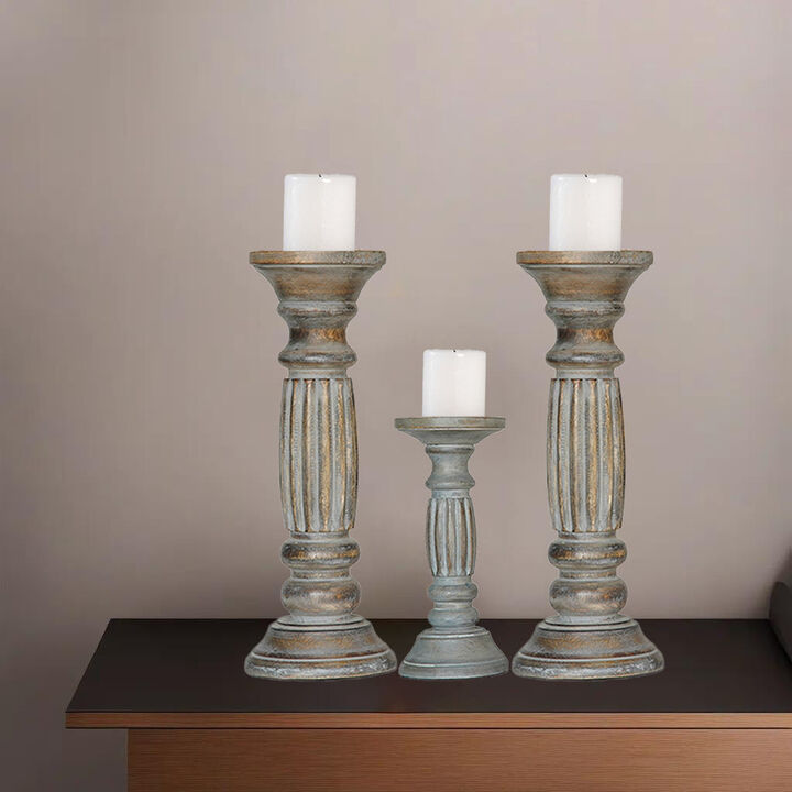 Traditional Antique Dusk Eco-friendly Handmade Mango Wood Set Of Three 12",9" & 12" Pillar Candle Holder