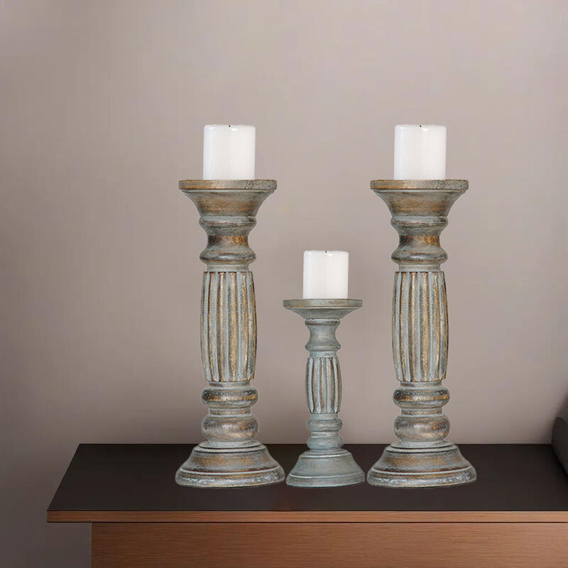 Traditional Antique Dusk Eco-friendly Handmade Mango Wood Set Of Three 12",9" & 12" Pillar Candle Holder