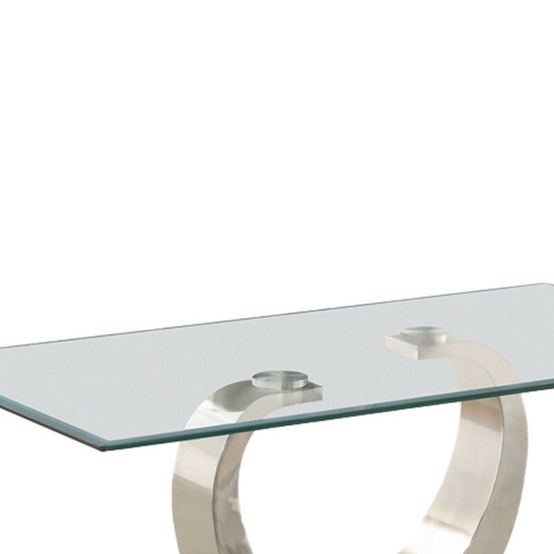 Floating Glass Top Coffee Table with Metal Support, Clear and Silver-Benzara