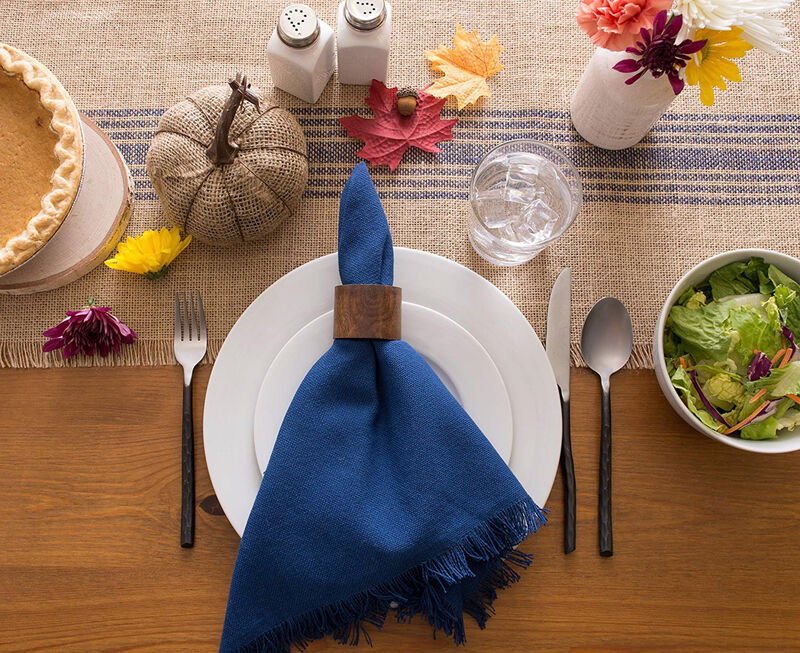 14" x 108" Brown and French Blue Middle Stripe Border Burlap Table Runner