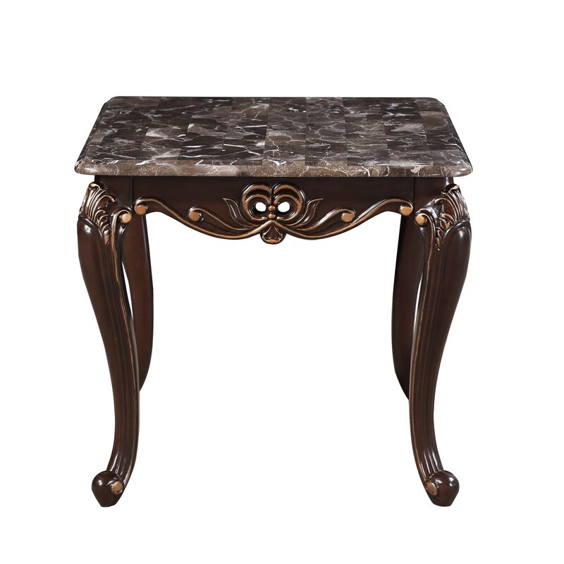 Cona 28 Inch Side End Table, Carved Gold Accents, Cherry Brown, Gray White - Benzara