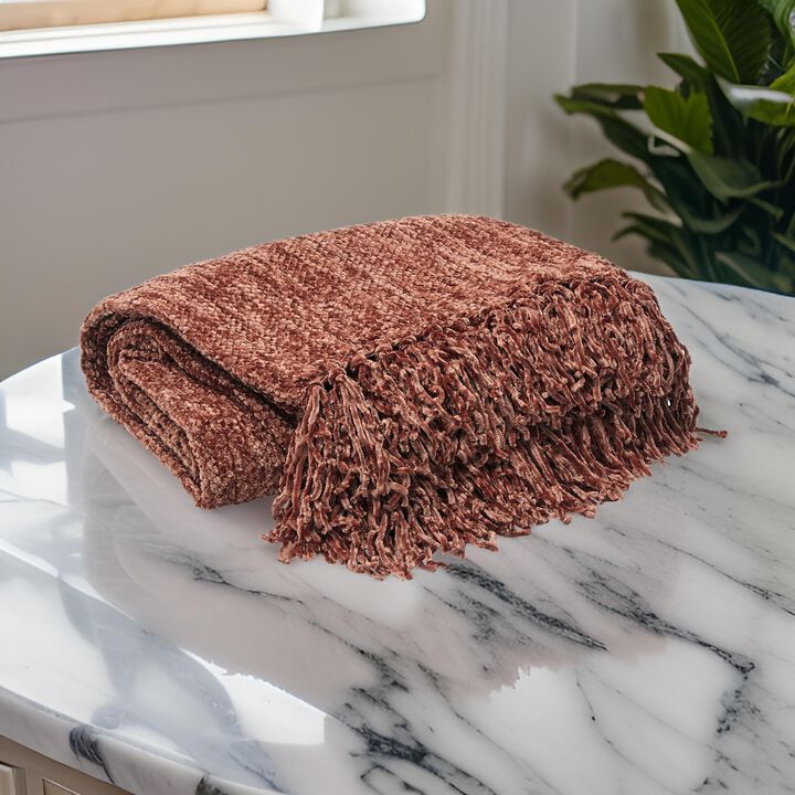 Emily Throw Blanket Set of 3, Textured Woven Knotted Fringe, Red Polyester - Benzara