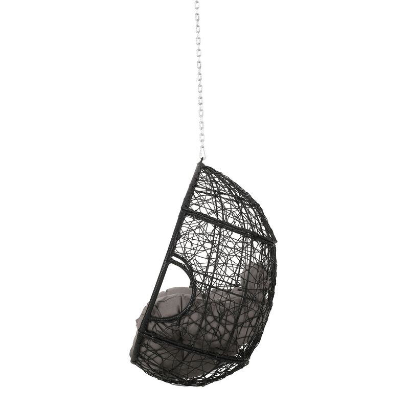 Castic Outdoor Hanging Chair, 46 Inch Rattan Frame, Black Iron, Gray -Benzara