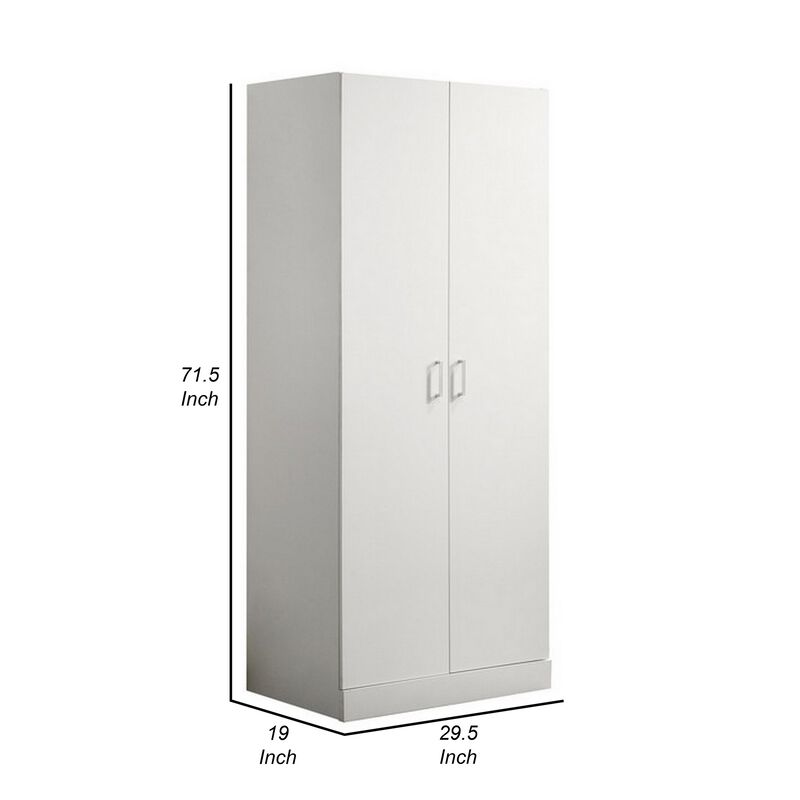 Cae 72 Inch Cabinet Armoire with Shelf, Hanging Rod, Double Door, White - Benzara