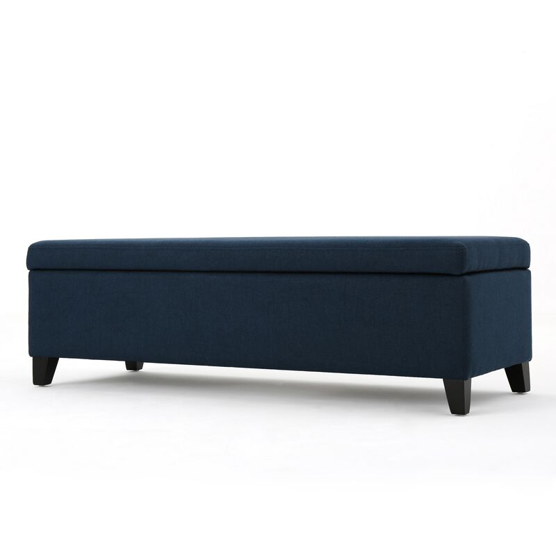 Harry Storage Ottoman Bench, Navy Blue Fabric 51 Inch Solid Birch Wood -Benzara